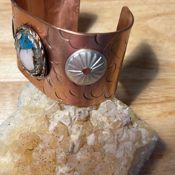 Bracelet, Turquoise & Opal Copper Cuff, NEW, sterling accents, Handmade, Artisan - Picture 9 of 12